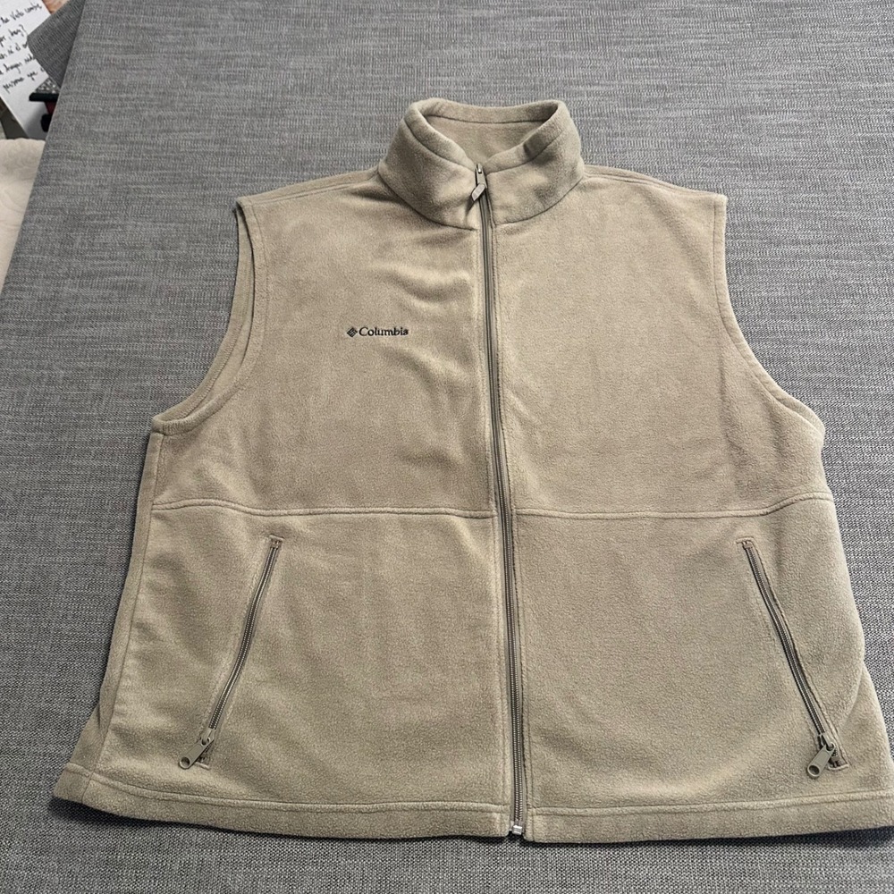 Columbia Fleece Vest Mens XXL Tan Full Zip Mock Neck Outdoor Layering